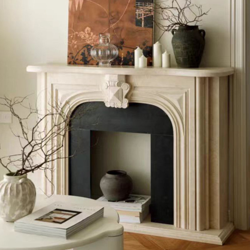 Beige + Black Solid Wood Freestanding Fireplace