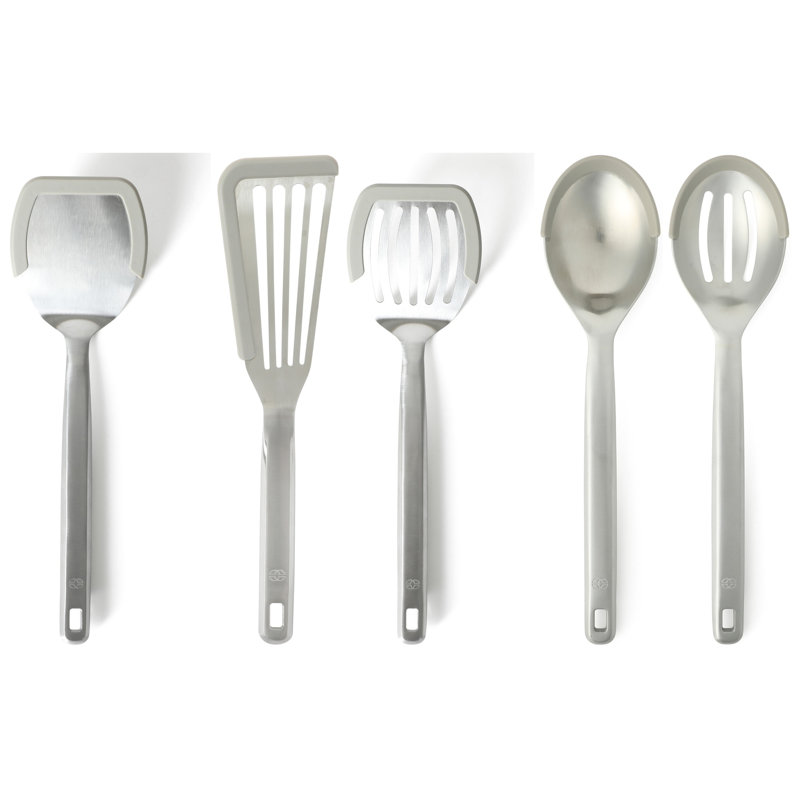 Ensemble d'ustensiles de cuisine en acier inoxydable Calphalon Prime 5 pièces avec bordure en silicone taupe, Taupe