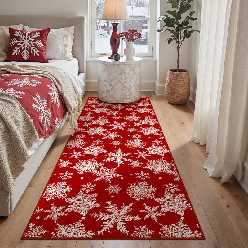 Chamora Washable Christmas Rug with Classic Red and Snowflake Design, Runner 2' x 6'