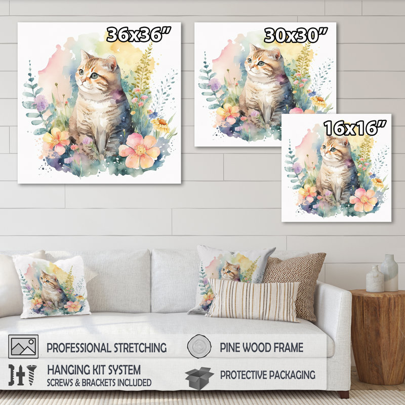 Petit chaton entouré de fleurs colorées I - animaux, art mural sur toile, L 16 po x H 16 po, Toile tendue