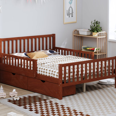 Lit plateforme en bois de noyer pleine grandeur avec garde-corps doubles et deux tiroirs de rangement, tête de lit simple, 8 lattes espacées uniformément - construction latérale, pour le soutien