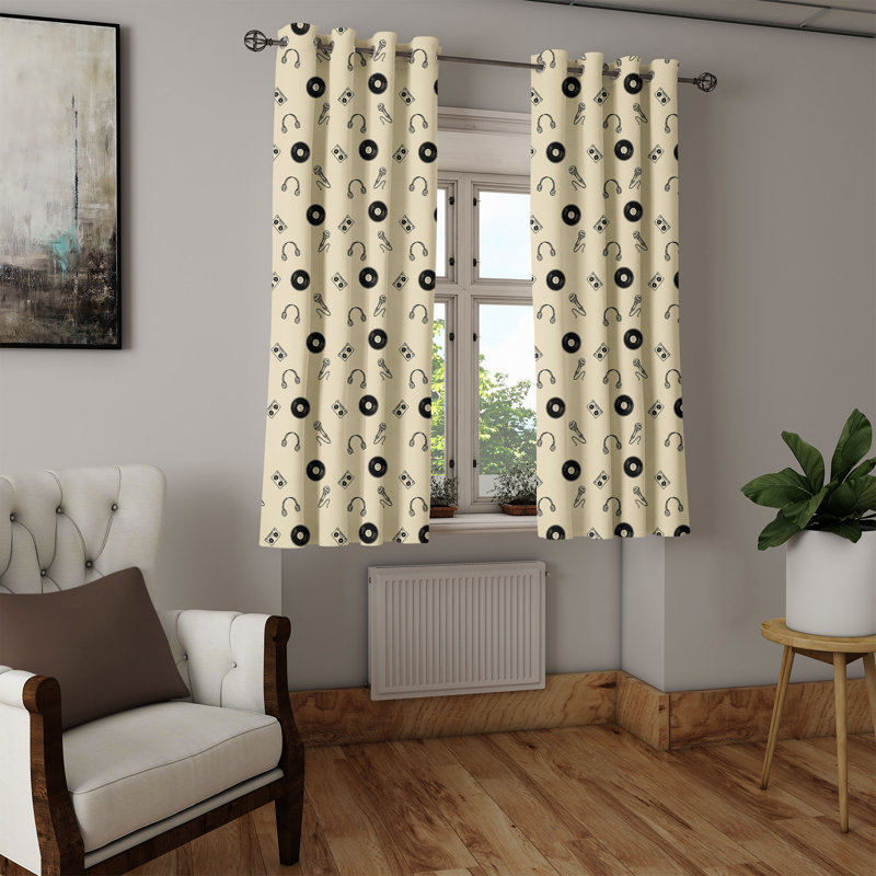 East Urban Home Music Grommet Curtain Decorative 2-Panel Window Drapes, 50" Cream Black, 50" W x 54" L