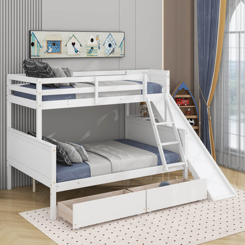 Lit simple superposé au dessus d'un lit double avec 2 tiroirs, glissière, tablettes, échelle, Blanc