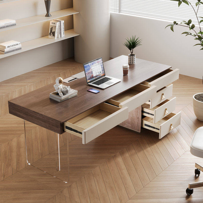 Executive Desk With 3-Drawer Cabinet 3-Drawer Tabletop Acrylic Legs Wood Grain Finish