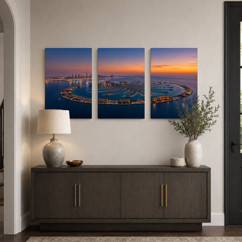 Palmier, île de Jumeirah et ensemble d'horizons sur toile au coucher du soleil à Dubaï