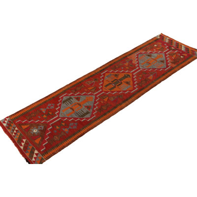 One-of-a-Kind 3'2" X 11'1" 1960s Runner Wool Area Rug in Red