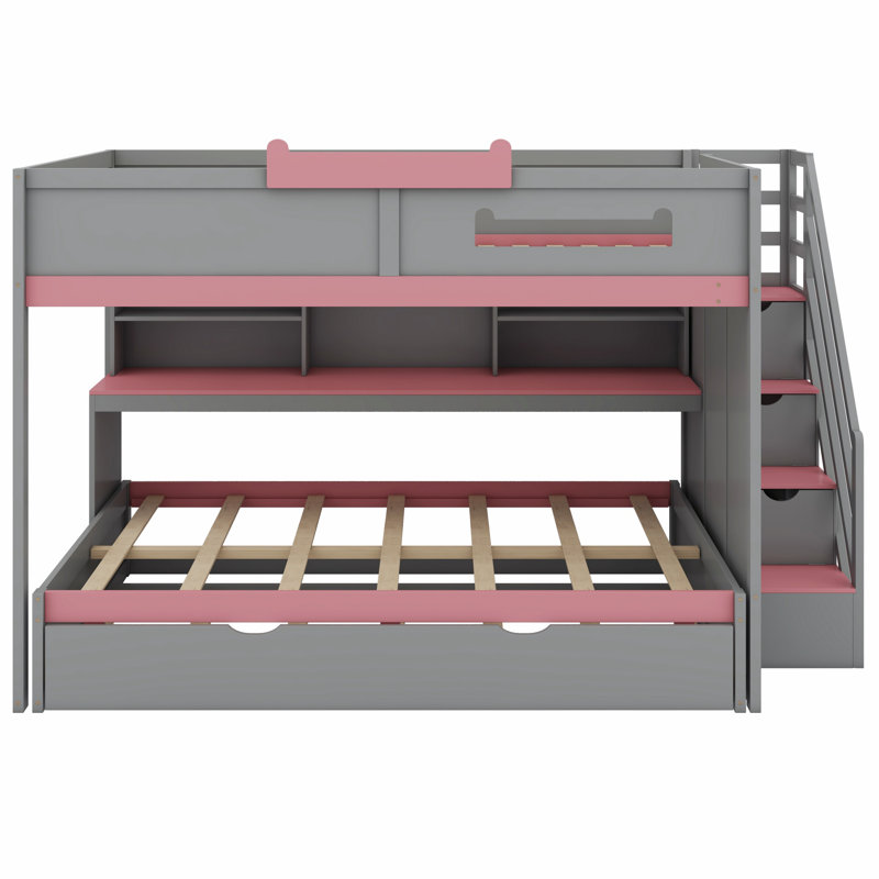 Lit superposé multifonctionnel avec escalier, lit gigogne et tablettes de rangement, DEL, Gris