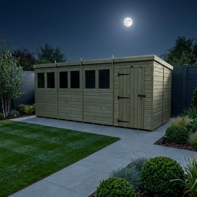 Total Sheds 16ft x 8ft Pent Garden Shed - Single Door - With Windows - Pressure Treated Timber - UK Manufactured
