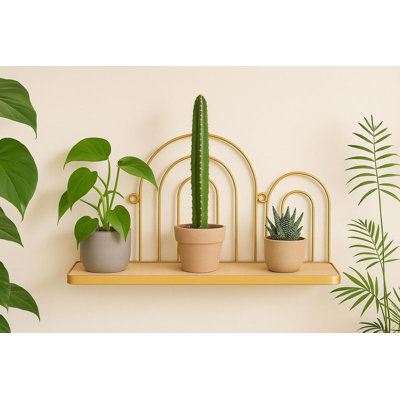  Étagère à pétoncles en fer doré, étagère murale flottante décorative moderne avec base en bois
