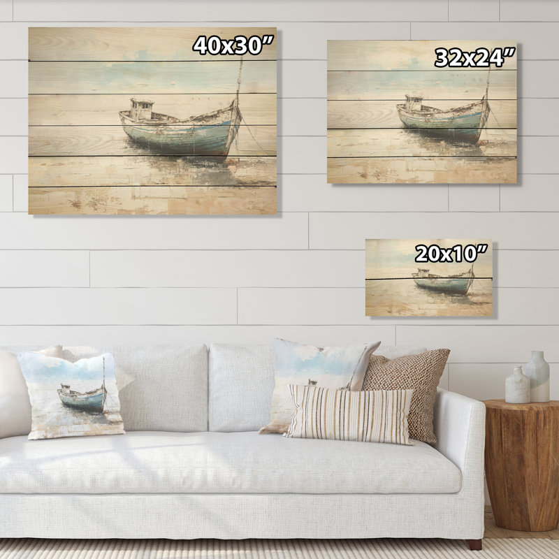 Minimalisme, bateau de pêche à la plage - bateau côtier, art mural sur bois de pin naturel, H 10 po x l 20 po