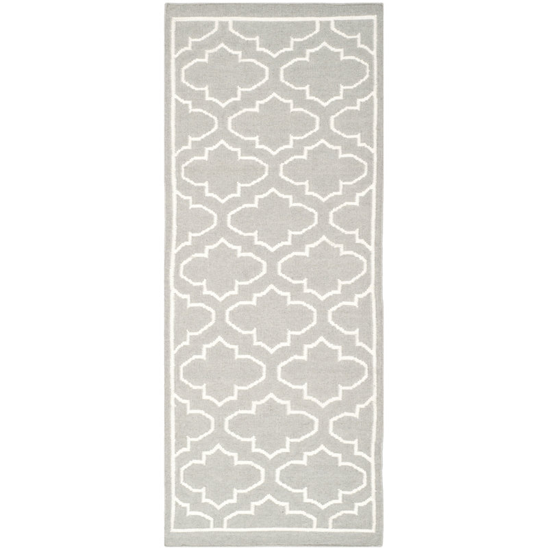 Rodgers Hand Woven Flat Weave Banana Silk/Wool/Cotton Geometric Rug in Ivory/Gray, Runner 2'6" x 9'