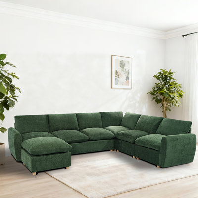 129.13 inch Modular L-Shaped Chenille Sectional Sofa with Pull-Qut Bed