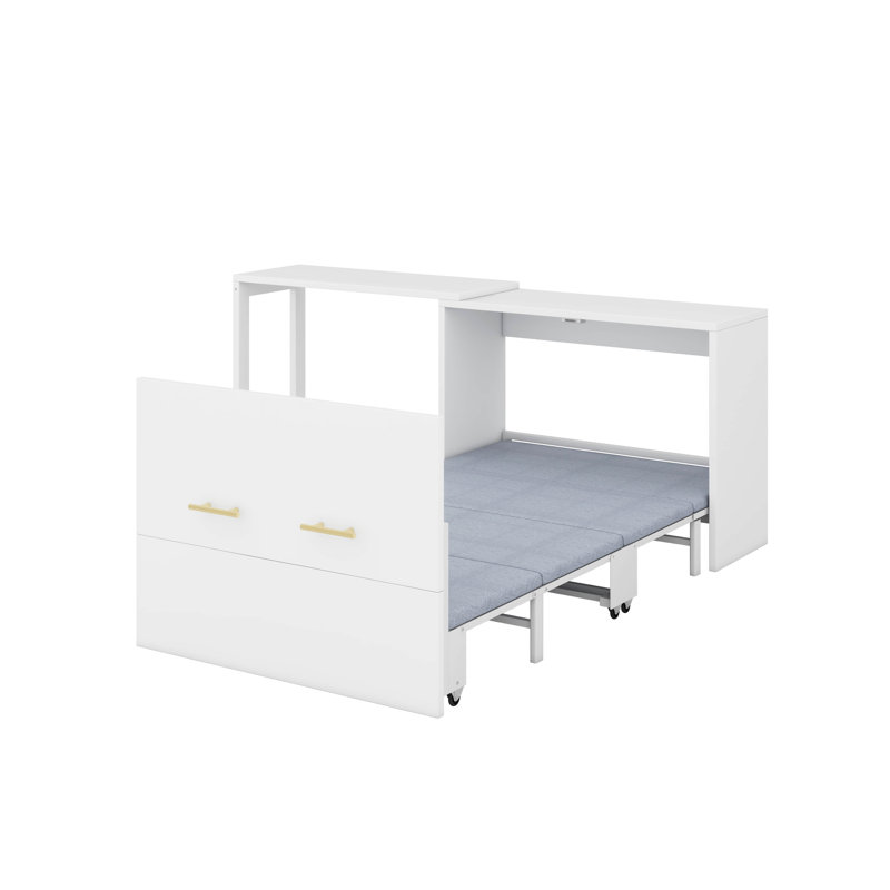 Lit simple escamotable avec commode à hauteur réglable, commode escamotable avec coussin pliable