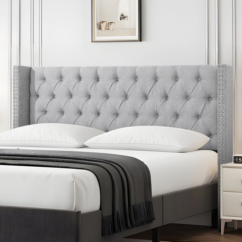 Upholstered Button Tufted Headboard, Gray, Queen
