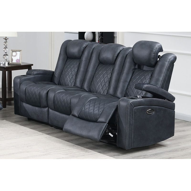 LurLine 82'' Faux Leather Reclining Sofa, Navy Blue Faux Leather