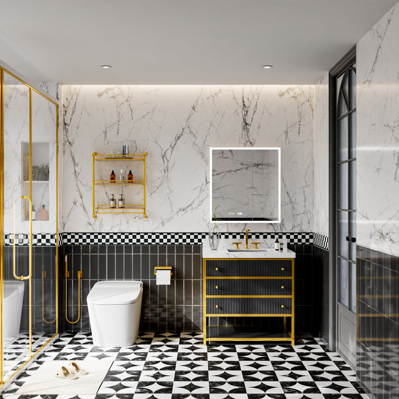 36 In. W X 22 In. D X 35.4 In. H Single Sink Bath Vanity In Black With White Marble Top Include Medicine Cabinets