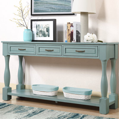 Console en bois massif de 63 po, bleu rétro, 3 tiroirs et tablette inférieure, décor contemporain de 63 po avec structure et 1 élégant design américain