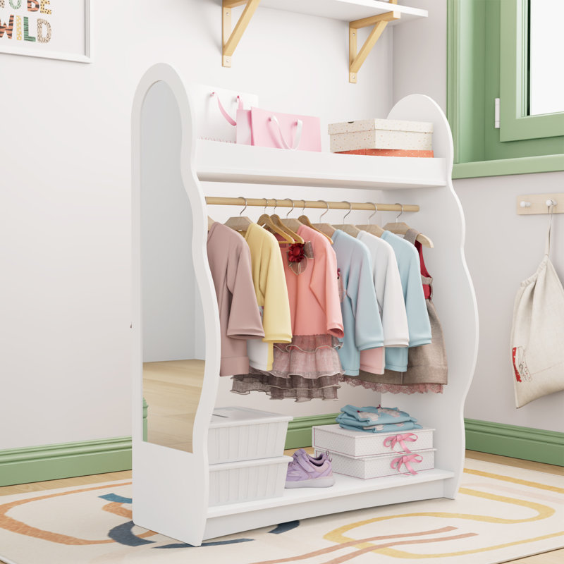 Cloud-Shaped Kids Dress-Up Wardrobe with Mirror, Open Hanging Rail & Storage Shelves, White