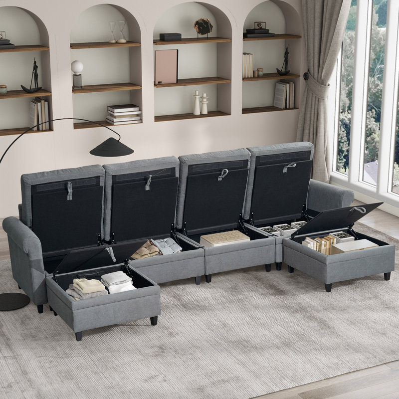 Canapé modulaire en U convertible, Tissu gris antique blanc