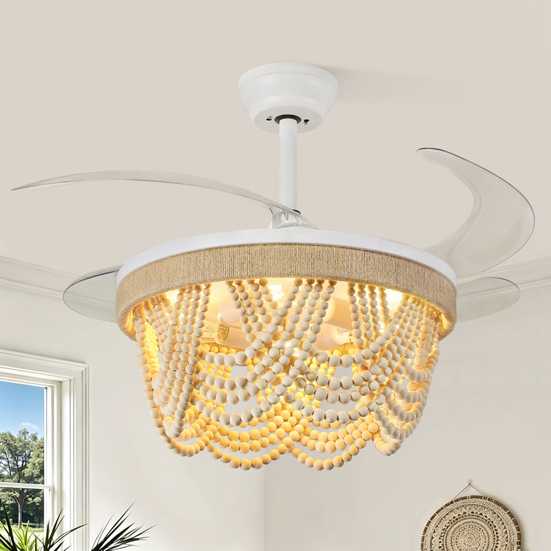 Ventilateur de plafond 20 po avec pales rétractables et pales en bois Boho, White