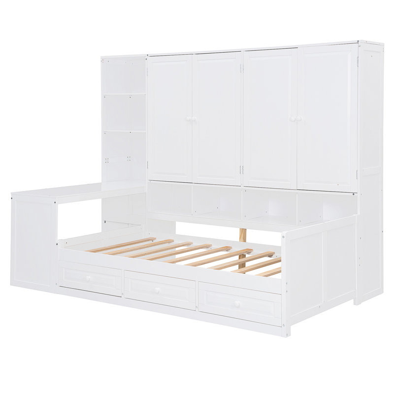 Wooden Daybed With Three Drawers, And All-In-One Cabinet, Desk And Shelves, Twin, White