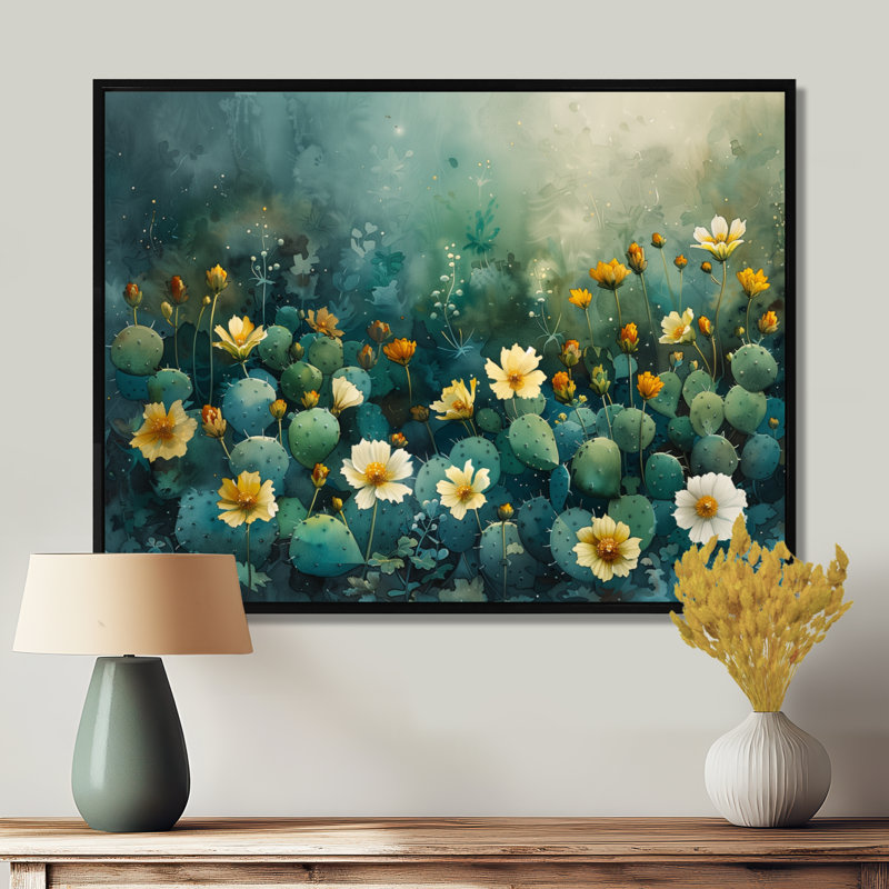Décoration murale verte cactus jardin vert désertique Cactus I, Toile avec cadre flottant noir, H 30 po x l 40 po x P 1,5 po