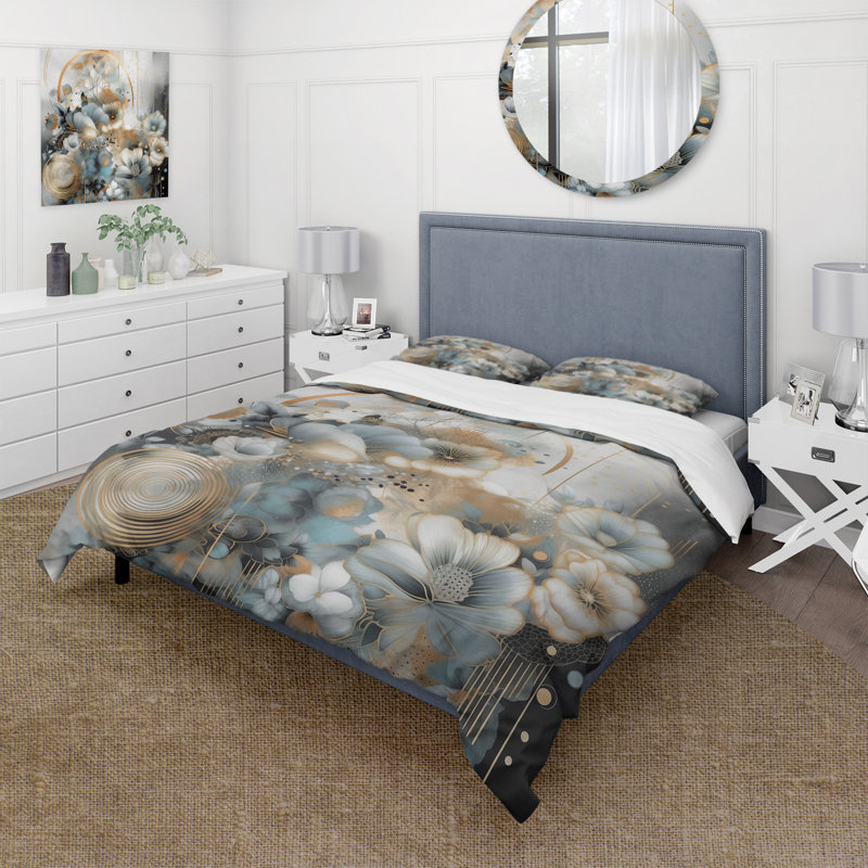 Ensemble de housse de couette en microfibre / polyester Golden Blue Silky Flower Design II