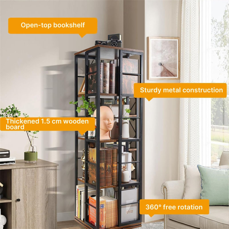 5 Tiers Rotating Bookshelf, Corner Bookcase, 360 Display Wood Spinning Bookshelf