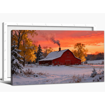 Toile de Noël, art mural d'hiver, paysage de grange rouge, paysage enneigé, pin, décoration murale pour le salon, la chambre, le bureau, la cuisine, les affiches des Fêtes, prêt à être accroché, 12 po x 24 po
