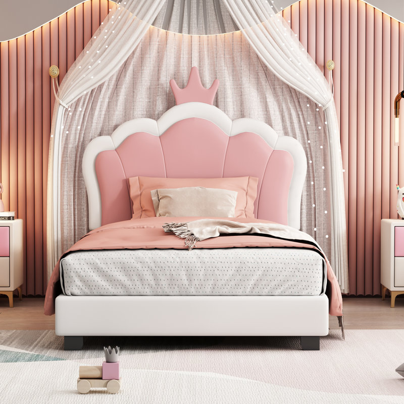Upholstered Princess Bed With Crown Headboard, Platform Bed With Headboard And Footboard, Twin, White/Pink