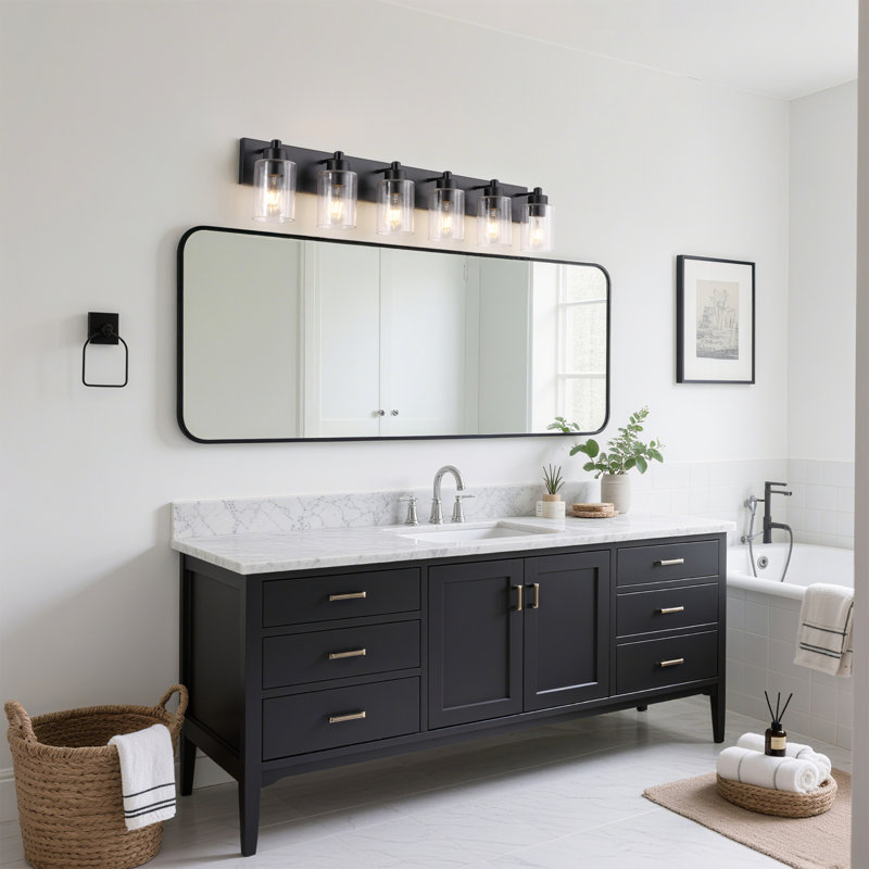 Stover Seeded Glass/Iron Modern Contemporary LED Vanity Light, 6 Lights, Matte Black