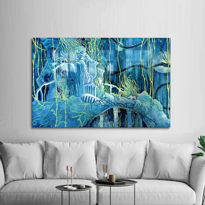 Art mural abstrait en verre trempé abstrait avec vue sur les ruines sous-marines pour un salon et un bureau élégants
