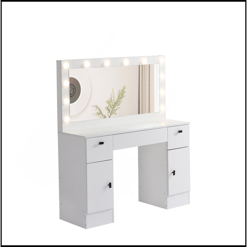 Vanity Table With Lighted Mirror, Vanity Desk With 3 Drawers And Storage Cabinet,3 Color Lighting Modes Adjustable Brightness, White Color