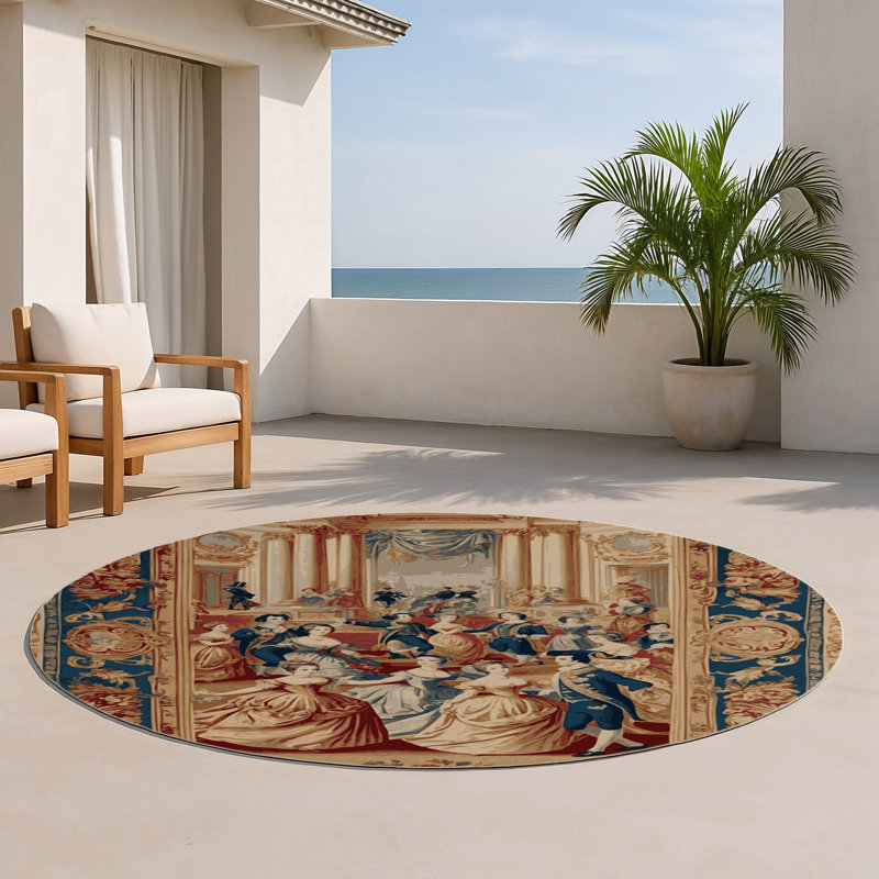 Tapis beige français d'intérieur et d'extérieur, Rond 5 pi