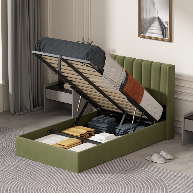 Lit plateforme avec rangement Daizia, Simple, Pistache