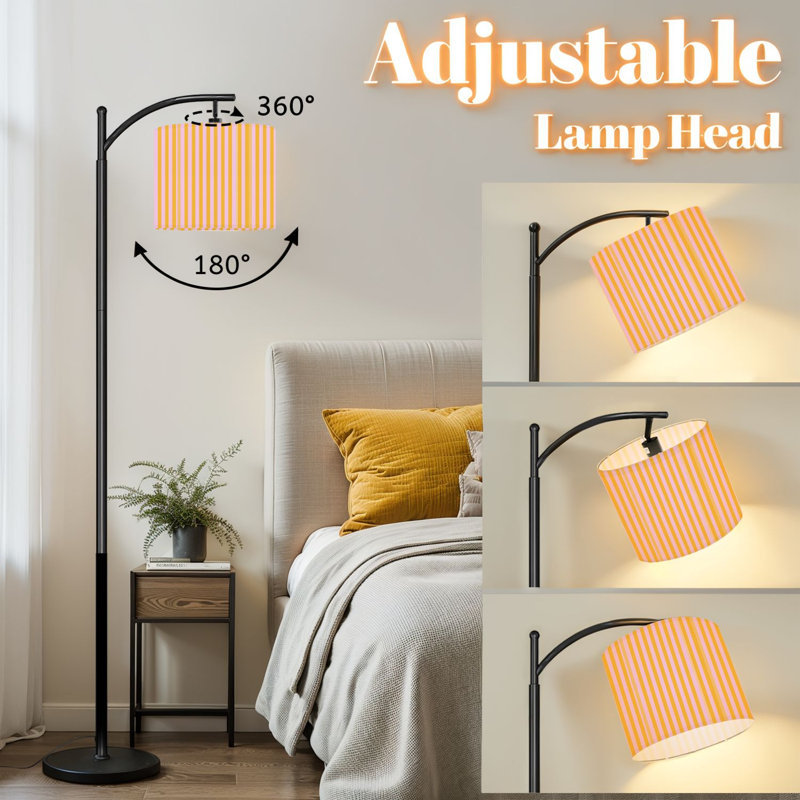 Arc Floor Lamp with Adjustable Lampshade Orange Pink Vertical Stripes Design Standing Lamp 3 Color Temperatures Dimmable Tall Pole Lamp with Foot Switch for Bedroom