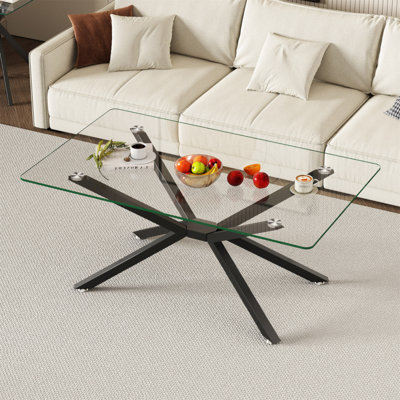 Table basse de 39,37 po rectangulaire en verre trempé transparent, design élégant avec pieds en métal noir, table basse pour le salon