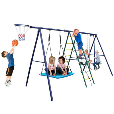 6-in-1 Backyard Swing Set with Glider, Hammock, Belt Swing, Climbing Ladder, Net & Basketball Hoop