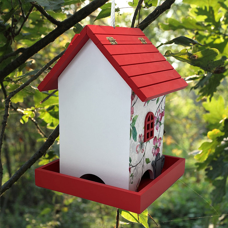 Red and White Painted Pine Hanging Bird Feeder with Cardinal Print