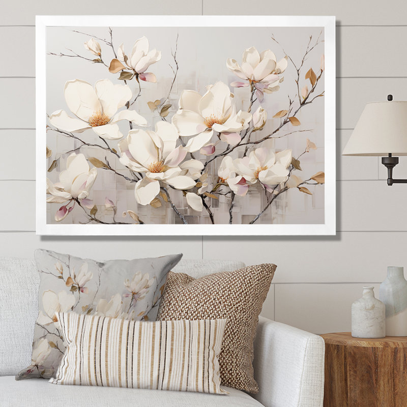 «White Elegance In Magnolias», art mural sur toile Magnolias, H 12 po x l 20 po x P 1 po, Cadre simple blanc