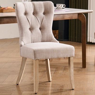 Chaises de salle à manger de style Mid-Century de 18,9 po de hauteur avec pieds en bois massif, chaise de salle à manger rembourrée sans accoudoirs pour coin-repas de cuisine, tissu en lin crème