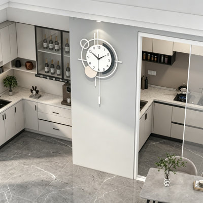 Large Decorative Wall Clock Silent Non-Ticking Quartz Battery Operated Pendulum Wall Clock with Metal Frame and Sculptural Design for Living Room, Kitchen, Bedroom, Office, Home Wall Art, 17.7 x 27.3 Inches White