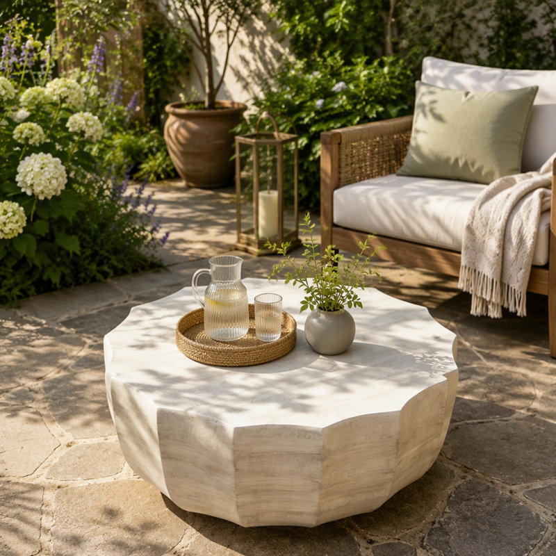 Table basse moderne et intérieure imperméable et d'extérieur, conception en ciment MgO durable pour une utilisation polyvalente dans les terrasses, les jardins, les cours et les salons
