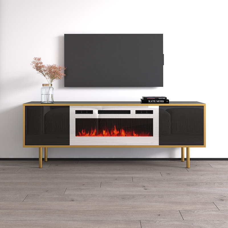 Wirksworth 64.6" Modern TV Stand with Electric Fireplace, High Gloss Finish, Wall-Mounted, Black/White
