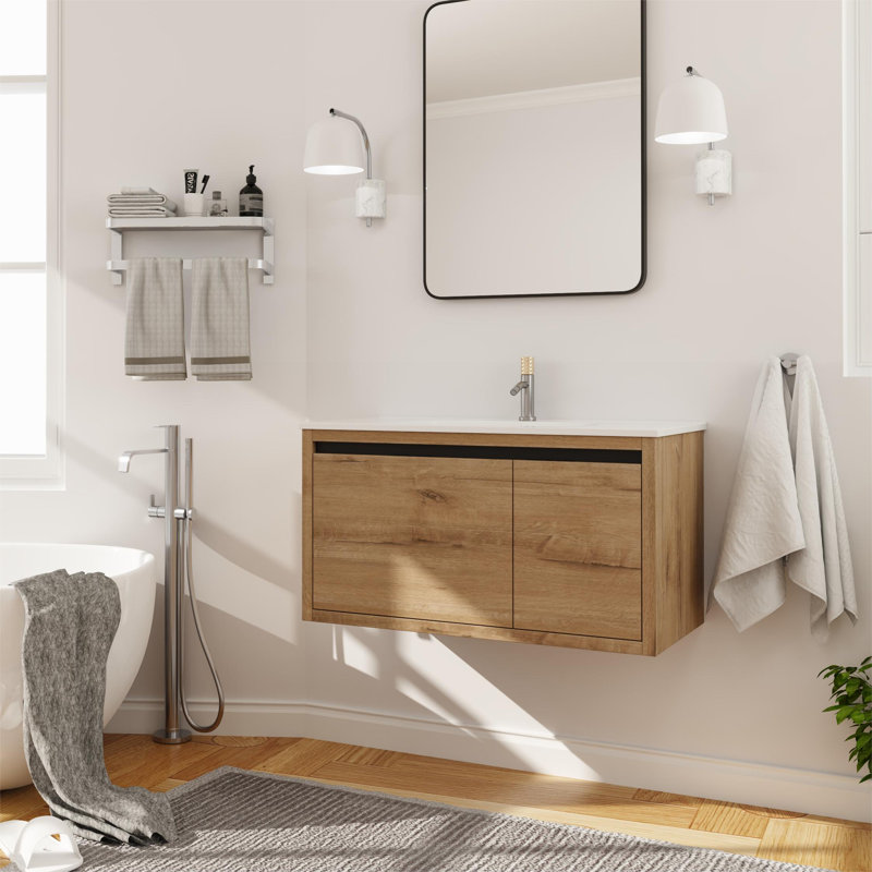 Ensemble de meuble-lavabo mural simple 36 po, meuble-lavabo flottant avec comptoir en acrylique, 1 porte et 1 tiroir