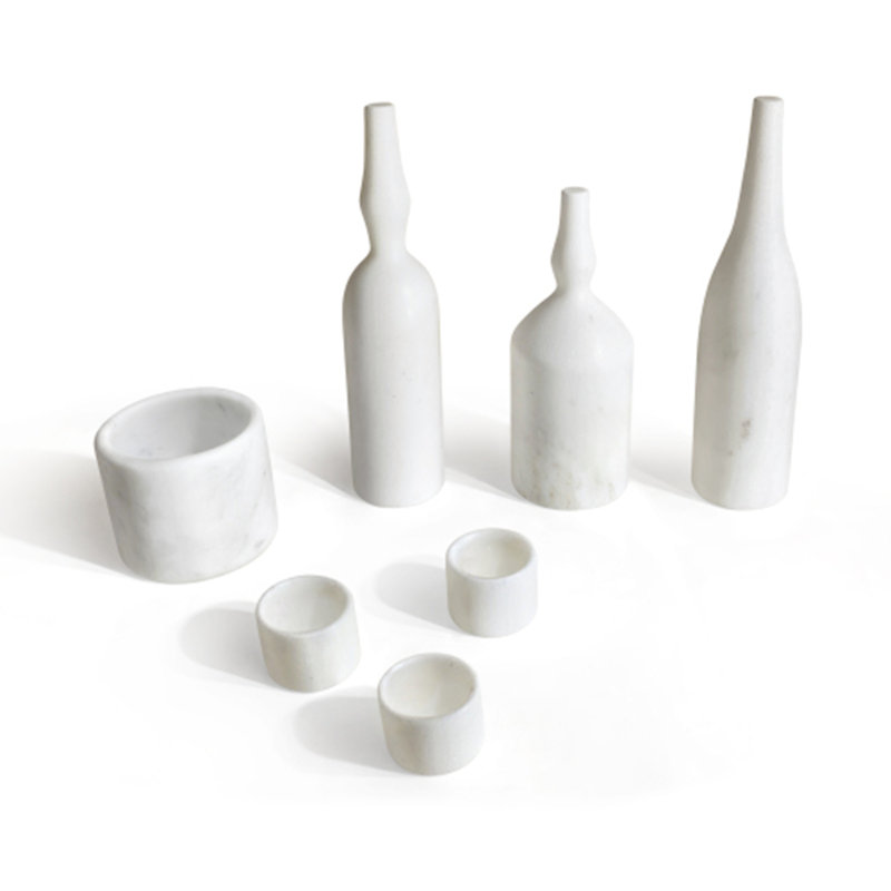 Ensemble d'accessoires de salon de luxe en marbre naturel véritable 7 pièces, Blanc immaculé