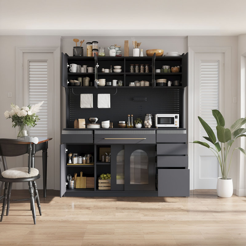 Buffet autoportant avec plateau 5 armoires avec tablettes réglables, panneau perforé, porte-serviettes, prise de courant