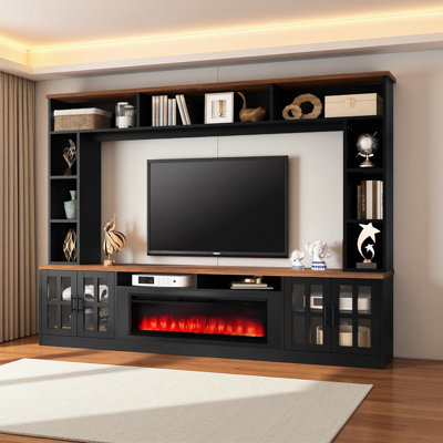 Meuble audio-vidéo l 95,5 po avec tablettes pour téléviseurs de 80 po ou moins, meuble télé moderne avec armoires électriques et tablettes réglables
