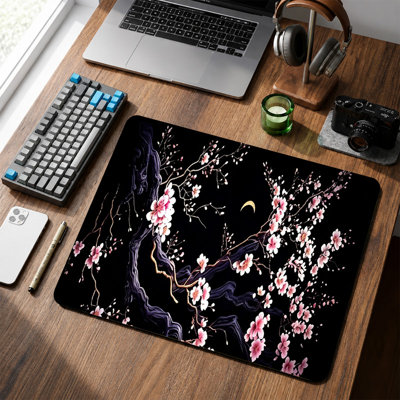  Tapis de souris en caoutchouc, surface en microfibre lisse, base antidérapante, tapis de souris décoratif à bord arrondi pour le bureau et les jeux, 12 po x 8 po, motif croisé noir Sakura
