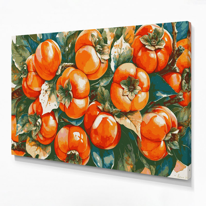 Fruit, persimmon, art mural sur toile vert, H 11 po x l 14 po
